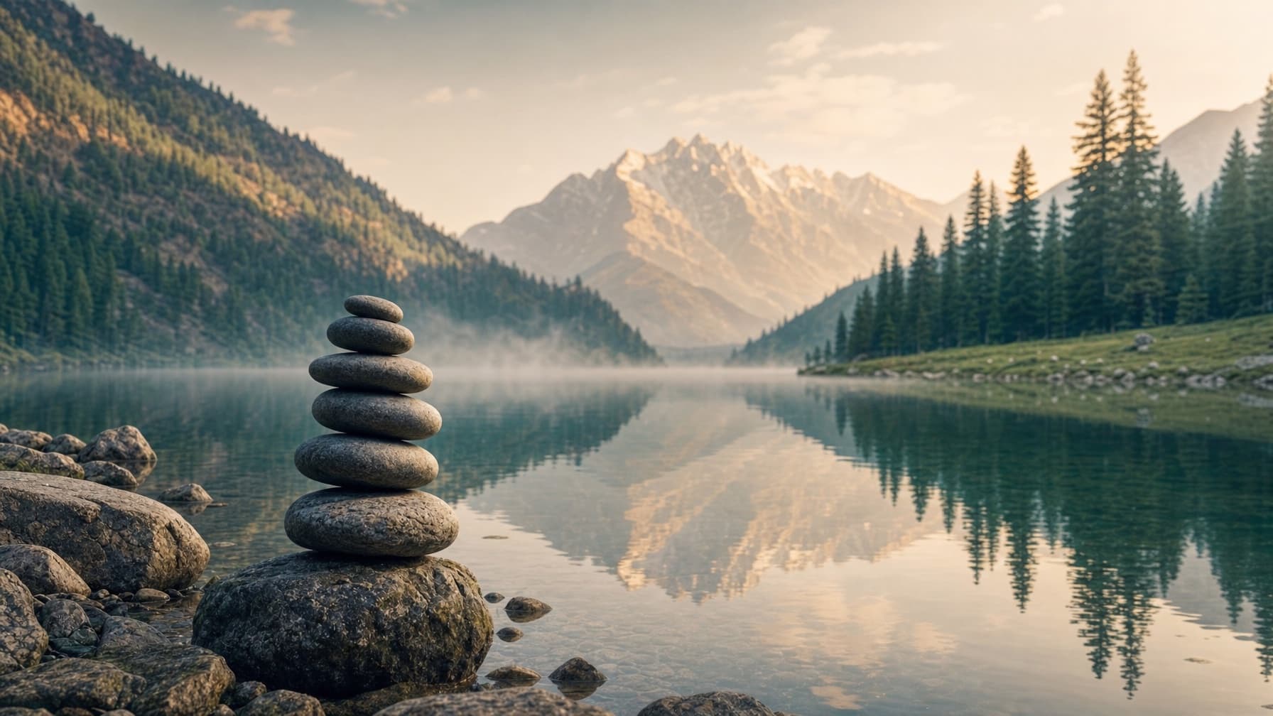 Balanced stones by a still mountain lake at dawn
