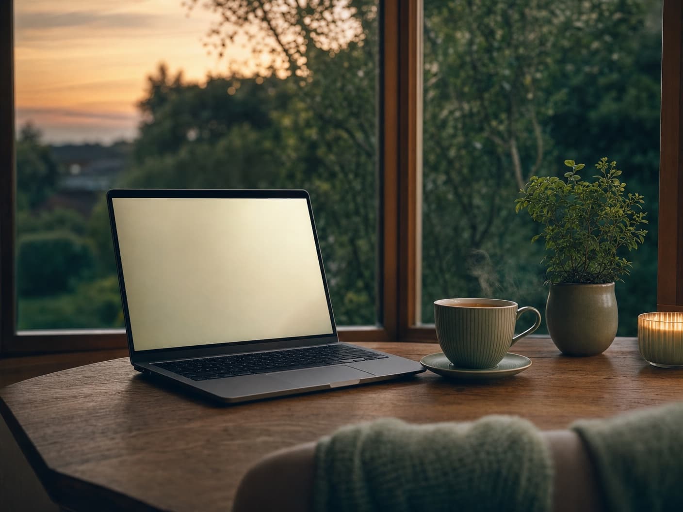 A laptop on a wooden desk by a window at dusk, ready for a video session