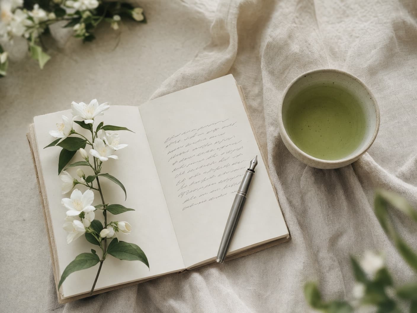 An open journal, a pen and a cup of green tea on a cream linen cloth