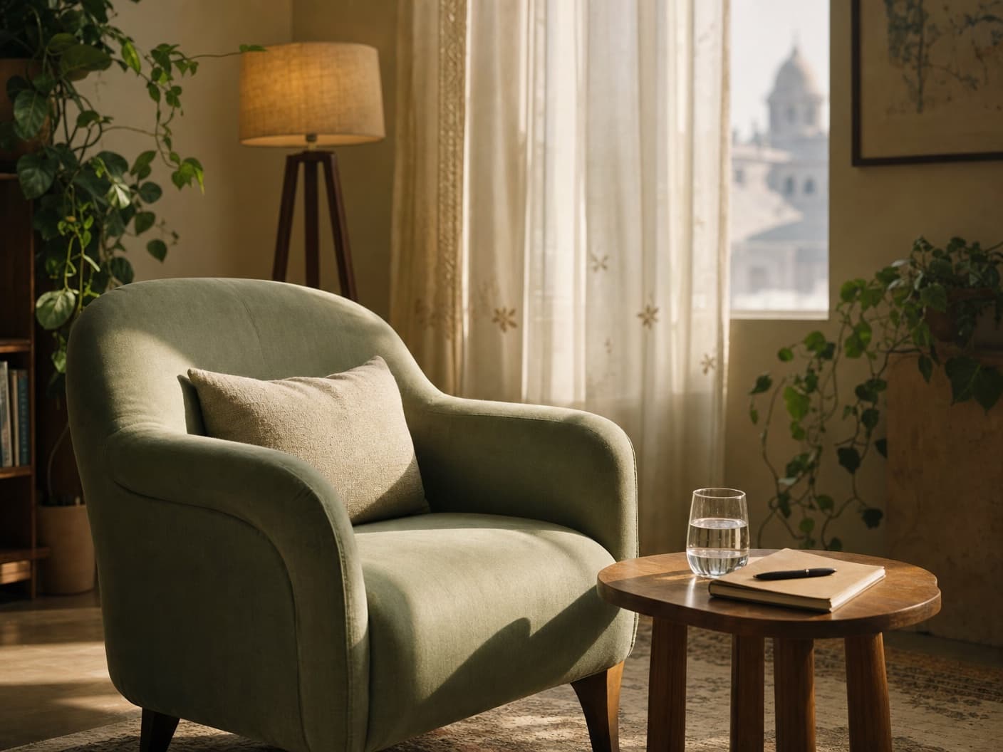 A quiet room with a soft green armchair, a small table and plants in warm lamp light